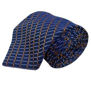 Ike Behar Mens Navy Silk Tie Geometric Plaid Design 59" Long Business Formal